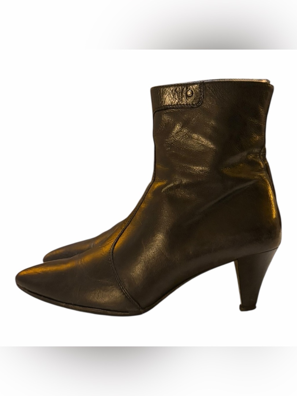 Women's Black Leather Pointed Ankle Boots - Elegant Mid-Heel